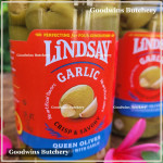 Pickle olive GREEN QUEEN OLIVE stuffed with GARLIC crisp & savory LINDSAY Spain dr. wt. 7oz 198g (JUMBO SIZE)
